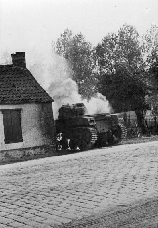 Belgian Renault ACG1 / AMC 35 knocked out or burning near Zwyndrecht by Antwerp, Belgium. 19 May 1940. Zwyndrecht/Antwerp area, Belgium. Source/. archival caption uses German period wording; vehicle identification treated as Belgian ACG1/APX-23 with caution.