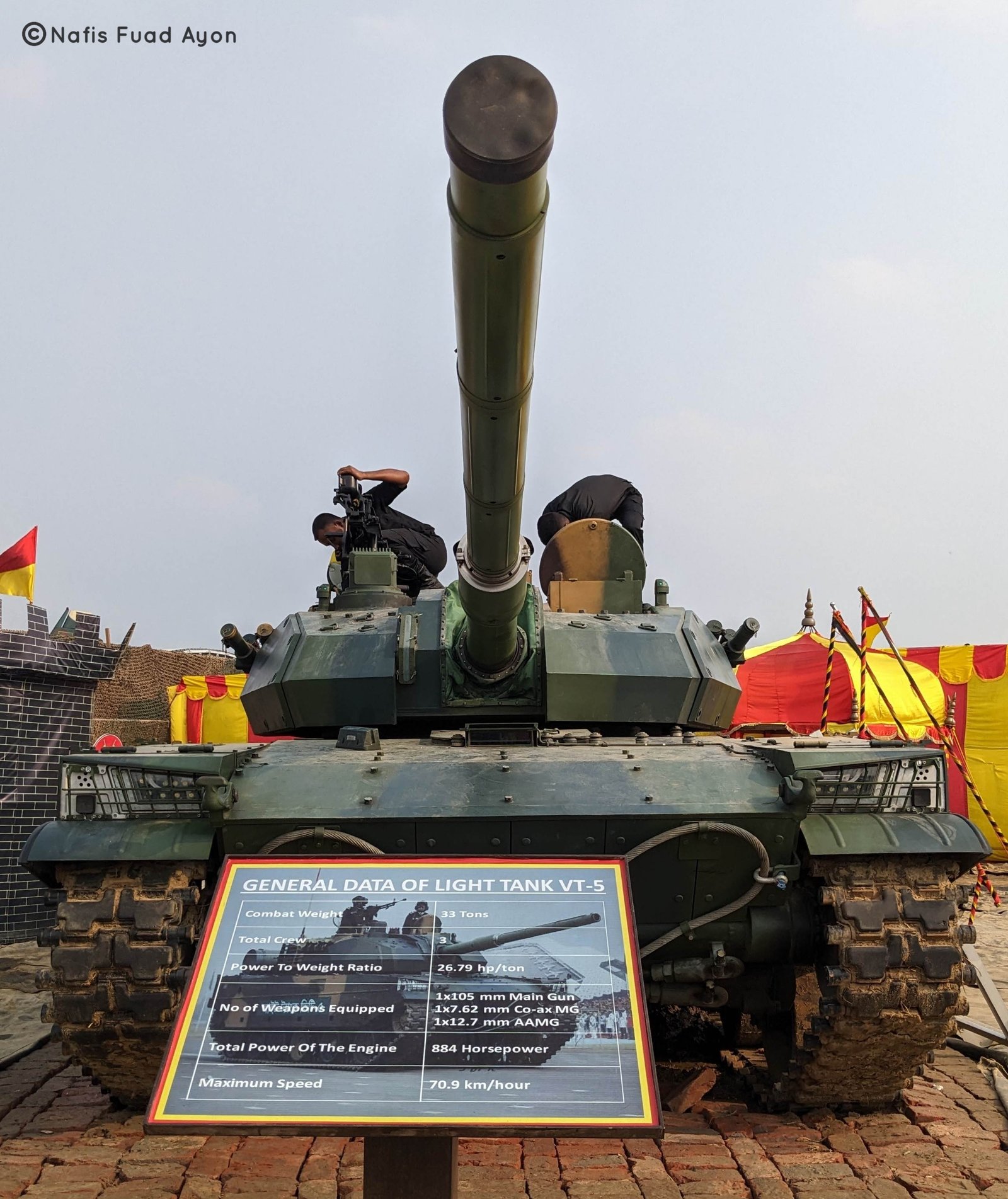 Bangladesh Army VT5 light tank on display, 31 March 2024. Vehicle identification: VT5 / VT5BD Bangladesh configuration. Bangladesh display setting, exact site not specified in Commons summary. display placard is Shows public data but is not a technical manual.