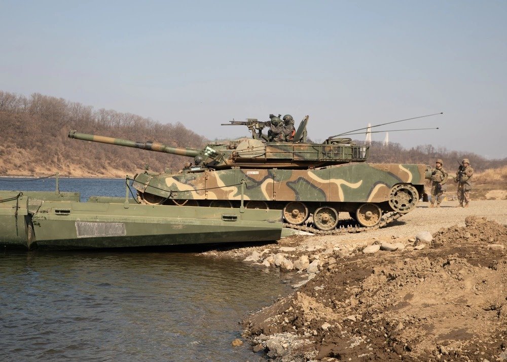 K2 Black Panther crossing an Improved Ribbon Bridge during Freedom Shield 24 wet-gap-crossing training in South Korea, 14 March 2024.