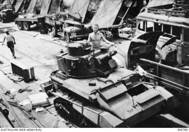 Light Tank Mk VIB from the 3rd Hussars Light Tank Squadron on the wharf at Oosthaven, Sumatra, Netherlands East Indies, February 1942. Vehicle / variant identification: Light Tank Mk VIB.
