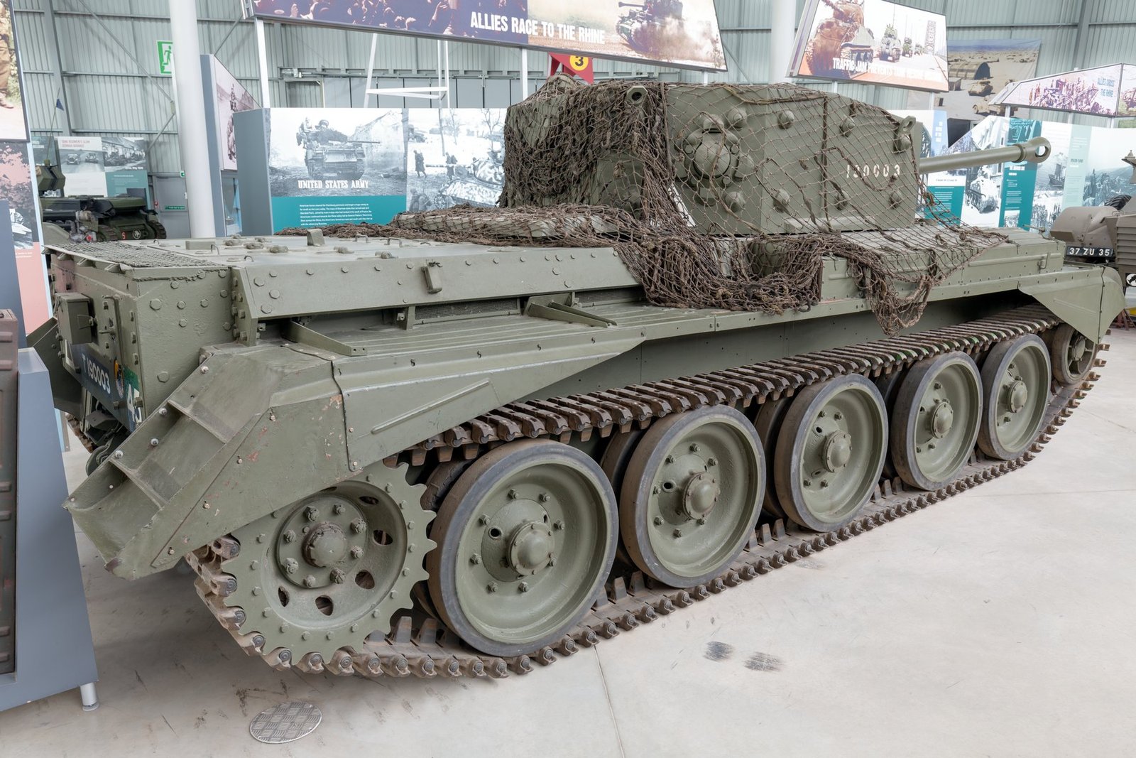 Cromwell (A27M) preserved at The Tank Museum, Bovington, rear-right view, photographed March 2017. Rear layout and engine-deck reference; restored vehicle.