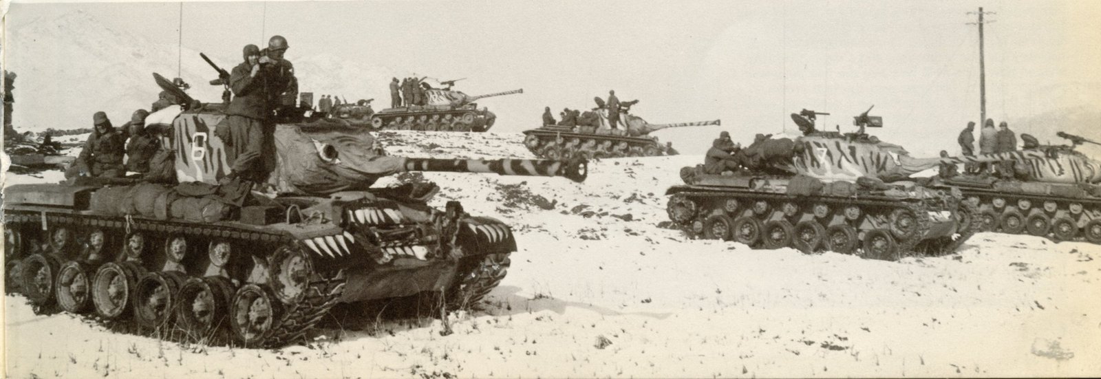 Painted M46 Pattons of the 6th Tank Battalion take position near Yangpung, Korea, 7 March 1951.
