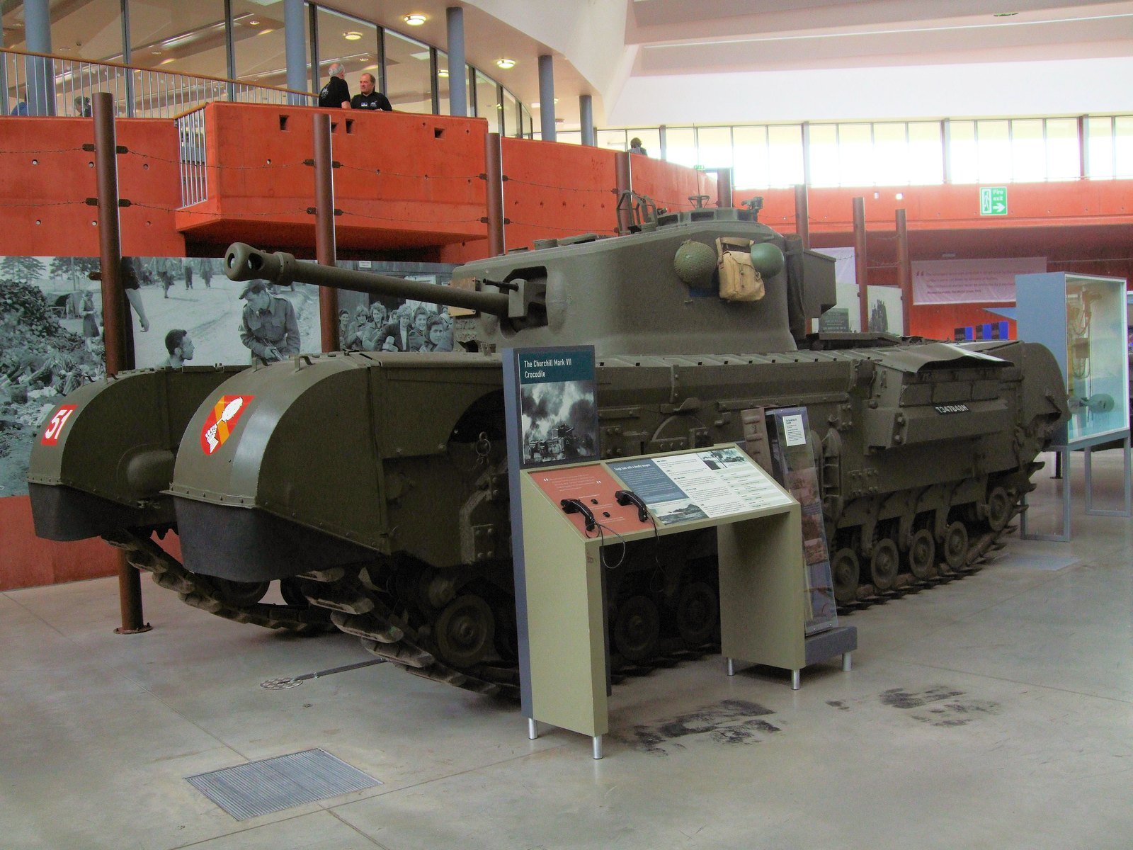 Churchill Mark VII Crocodile at the Bovington Tank Museum, photographed 19 July 2011. Bovington, Dorset, United Kingdom. Source/. museum display; the Tank Museum notes its Crocodile is assembled from a Mk VII tank and a separate flame trailer.