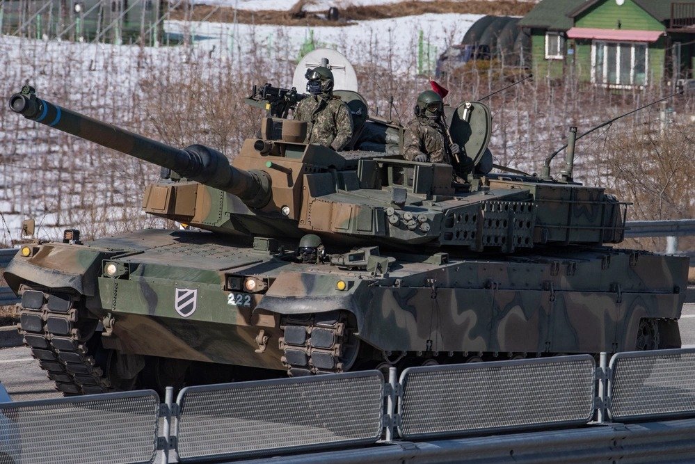 Republic of Korea Army K-2 Black Panther assigned to the 112th Mechanized Infantry Battalion moving during a joint exercise near Hongcheon, Gangwon-do, Republic of Korea, 13 February 2025.