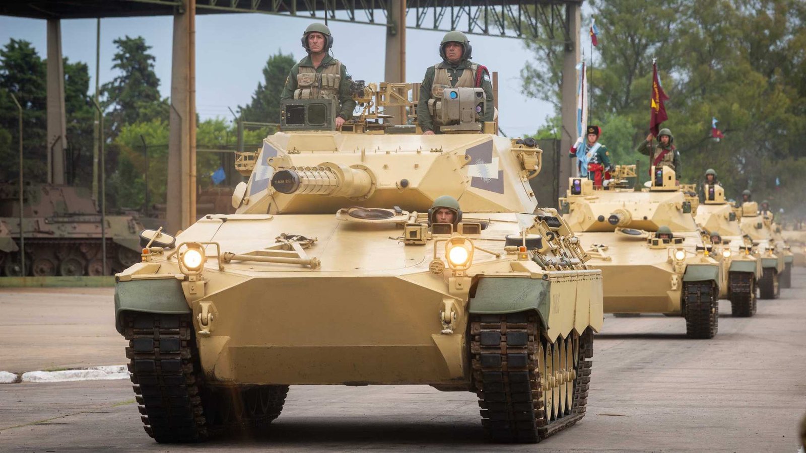 Front view of TAM 2C-A2 vehicles during first squadron delivery coverage. December 2024. Boulogne / Argentine Army delivery event. good front-aspect reference; exact vehicle serials not identified.