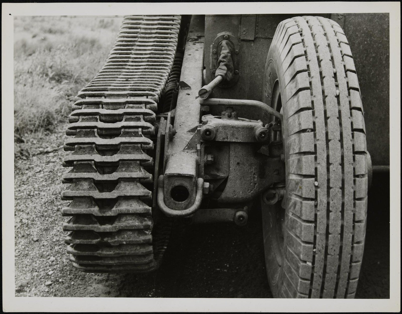 Close-up of the Schofield tank track and wheel arrangement, circa 1941-1943. This is the most useful surviving image for the conversion mechanism, although it does not by itself establish the full internal drive arrangement.