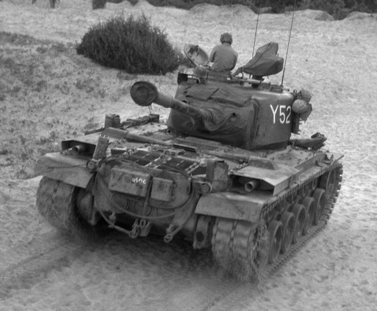 U.S. Marine Corps M46 Patton just landed by an LSU to support Marine infantry in Korea, 8 July 1952. source caption gives date and service context; exact landing site not specified here.