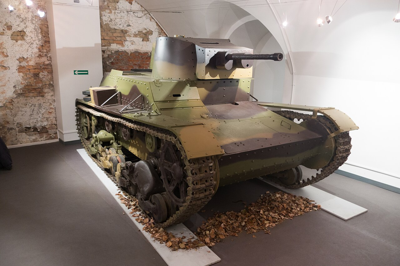 Modern 7TP reconstruction / component-based display at the Museum of Polish Military Technology, Warsaw, photographed in 2015. single-turret 7TP jw reconstruction, not a complete untouched wartime survivor.