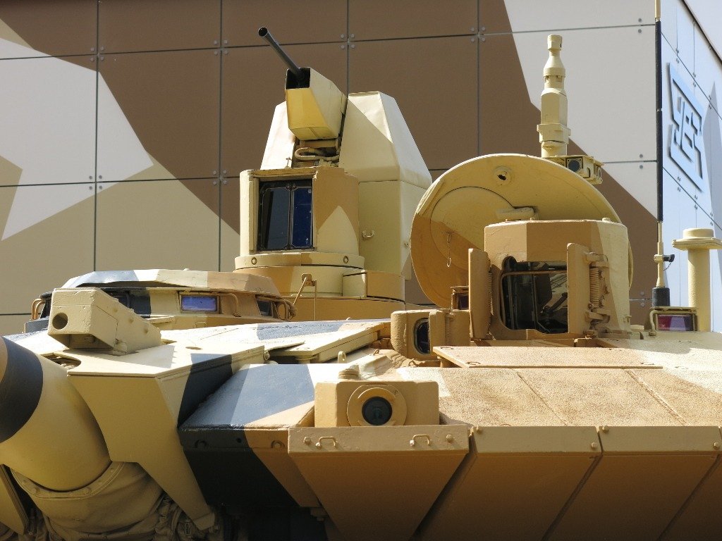 Uralvagonzavod T-90MS turret systems at Expo Armia 2018, Park Patriot, Kubinka, Moscow region, Russia, 22 August 2018. Source/. close view of T-90MS turret systems and remote weapon station area; exhibition configuration.